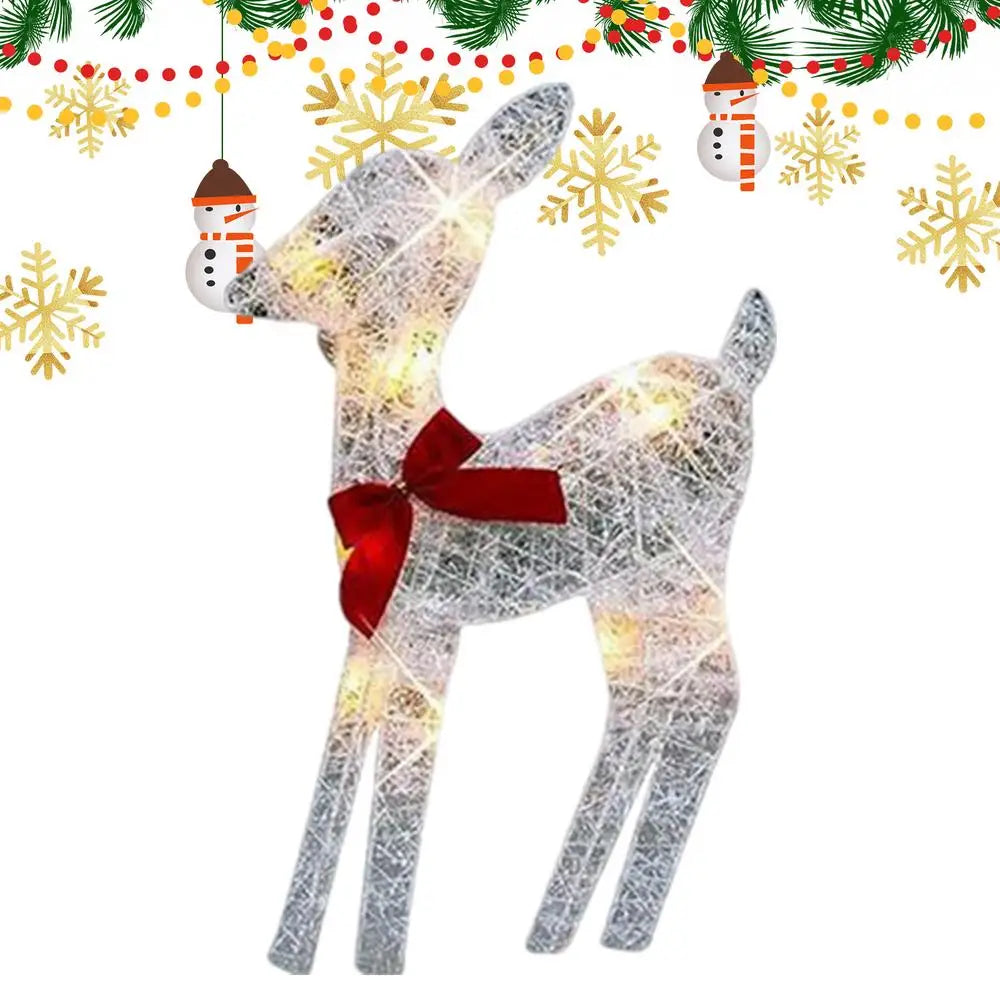 Outdoor glowing elk Christmas ornament with LED lights and a festive red bow for holiday decor