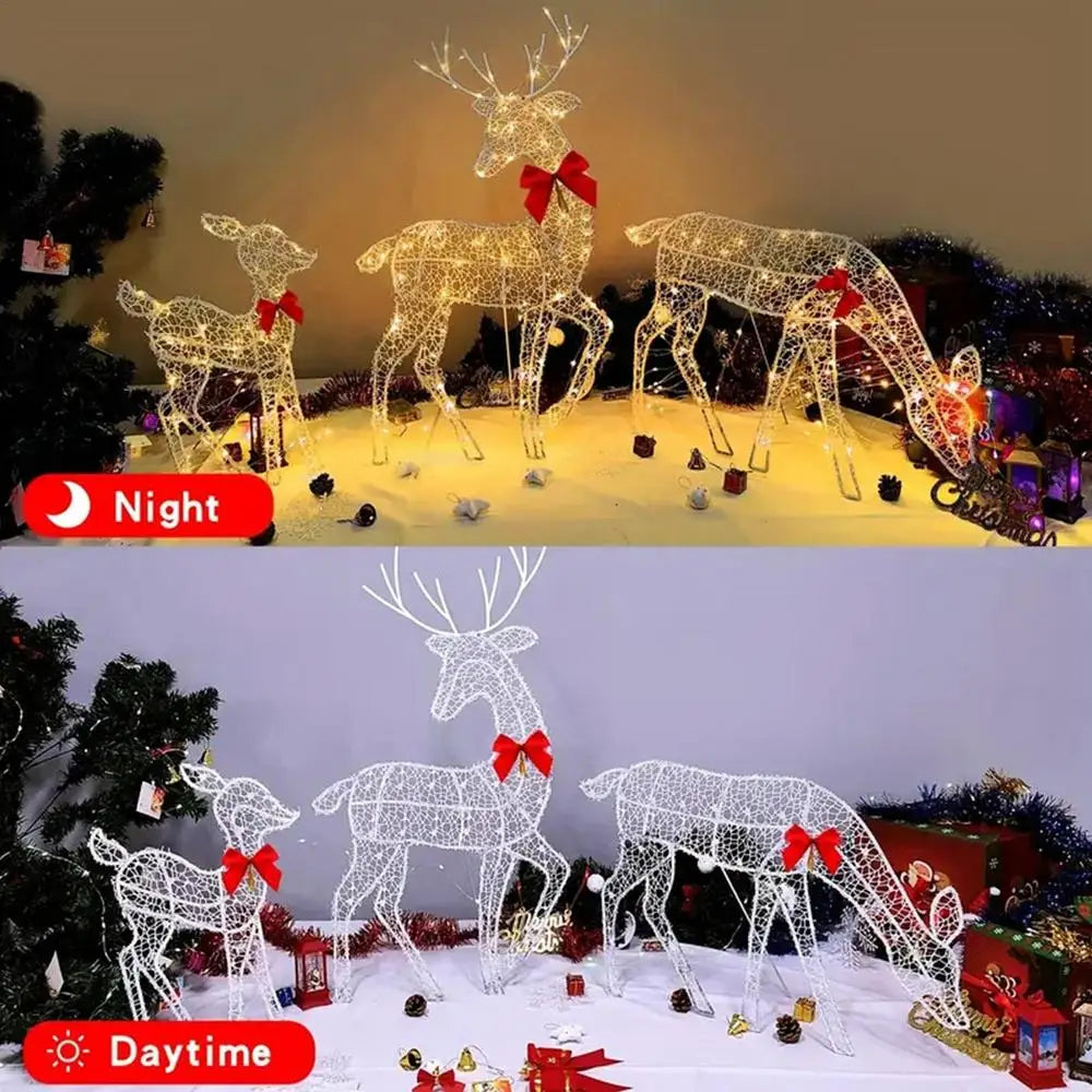 Glowing outdoor elk Christmas ornament in two settings, showcasing night illumination and daytime display