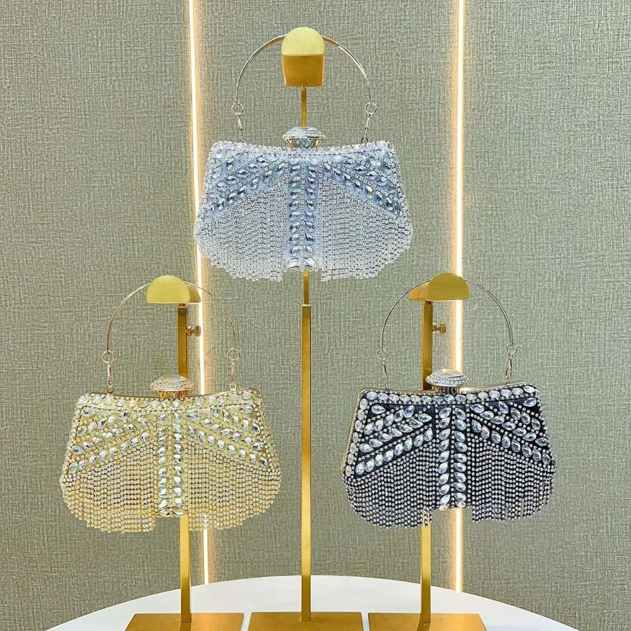 New Diamond Embedded Tassel Evening Bag Birthday Wedding Banquet Single Shoulder Slant Cross Dinner Bag Women's Clutch Bag