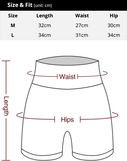 Size chart showing waist, hip, and length measurements for Butt Lift Fitness Shorts in medium and large