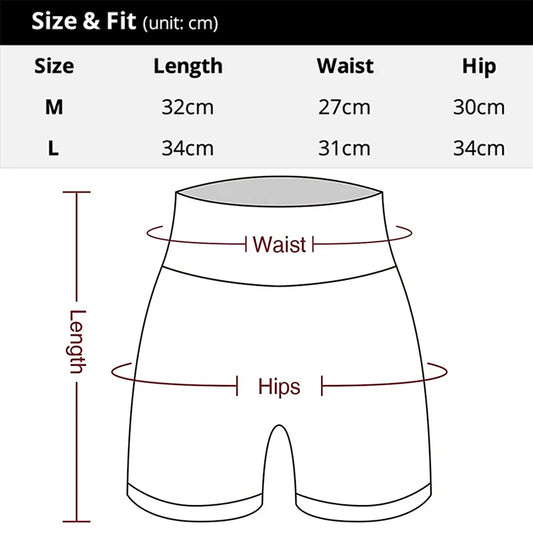 Size and fit chart for Butt Lift Fitness Shorts showing measurements for waist, hips, and length in cm