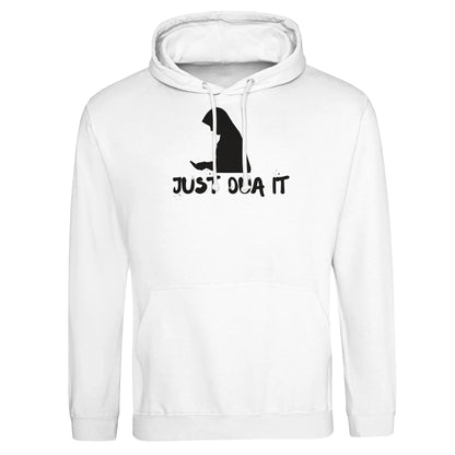 Luxurymania premium unisex white hoodie with a black graphic silhouette and text Just Dla It print