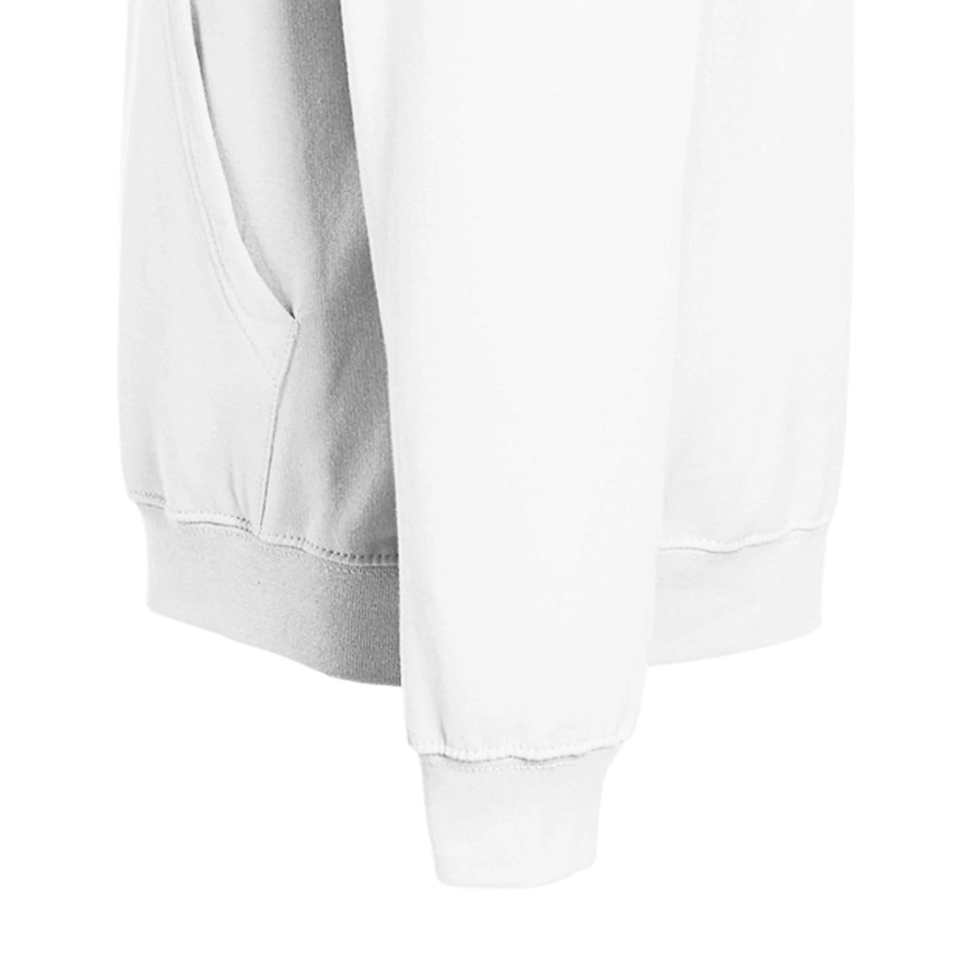 Side view of a premium unisex white hoodie featuring a comfortable fit and pocket detail