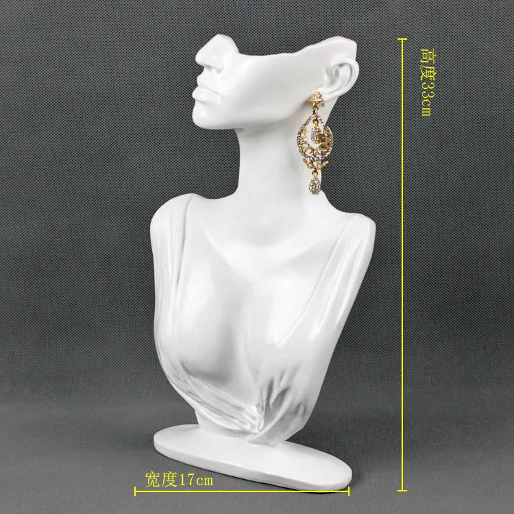 Elegant resin jewellery display stand shaped like a bust, ideal for showcasing earrings and necklaces