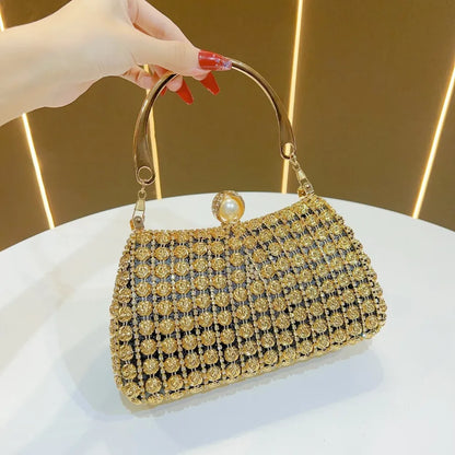 Elegant retro Chinese style evening bag adorned with gold beads and pearl clasp for special occasions