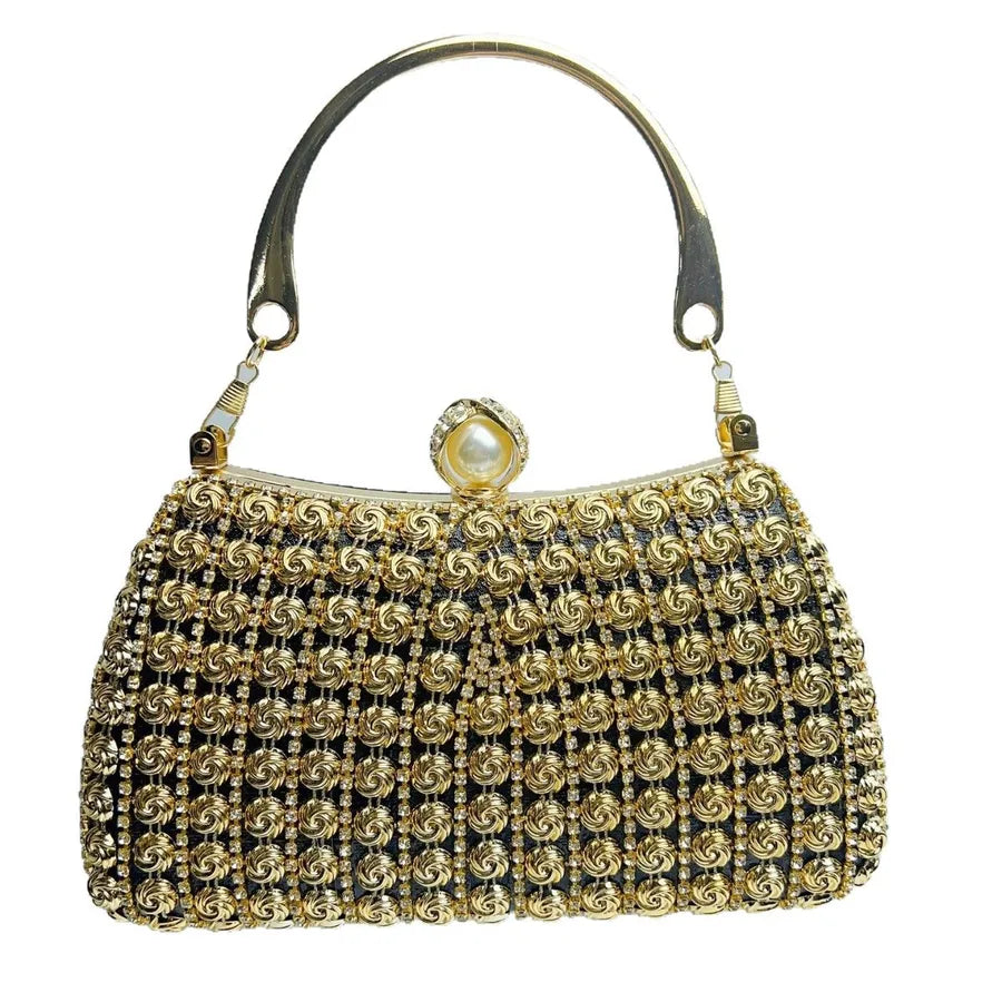 Elegant retro Chinese style evening bag with gold detailing and a pearl clasp for special occasions
