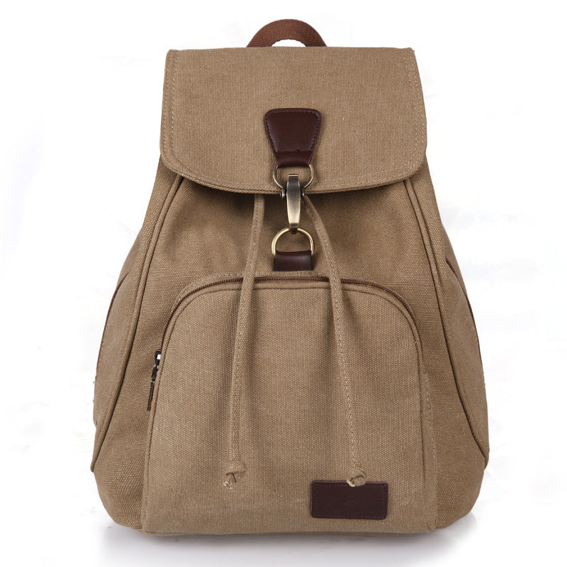 Retro girls fashion backpack in beige with dual drawstrings and front pocket for school essentials