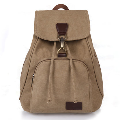 Retro girls fashion backpack in beige with dual drawstrings and front pocket for school essentials