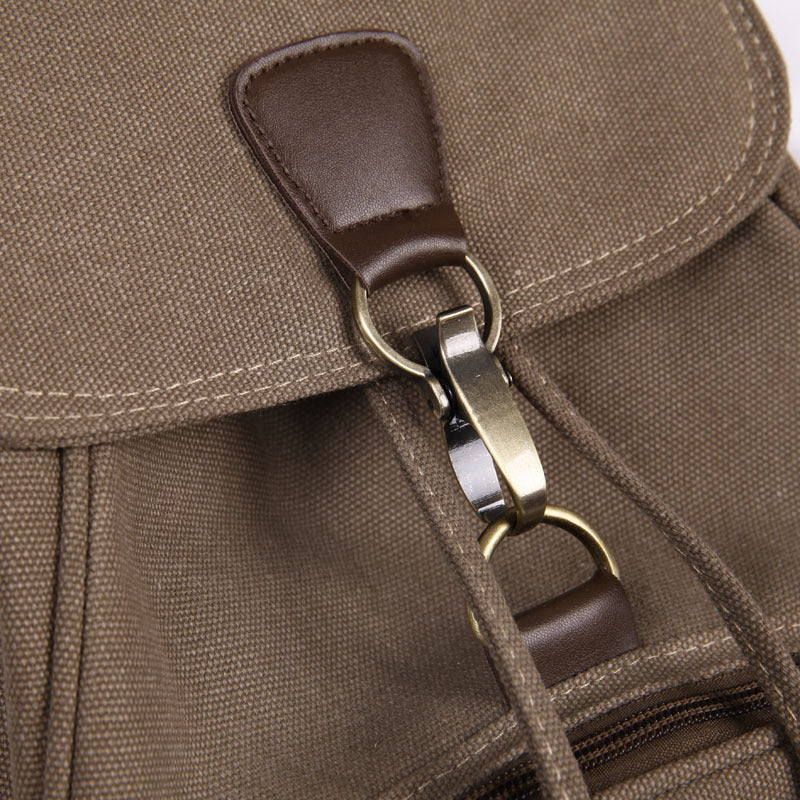 Close-up of retro girls fashion backpack with a brown leather strap and metal clasp detailing