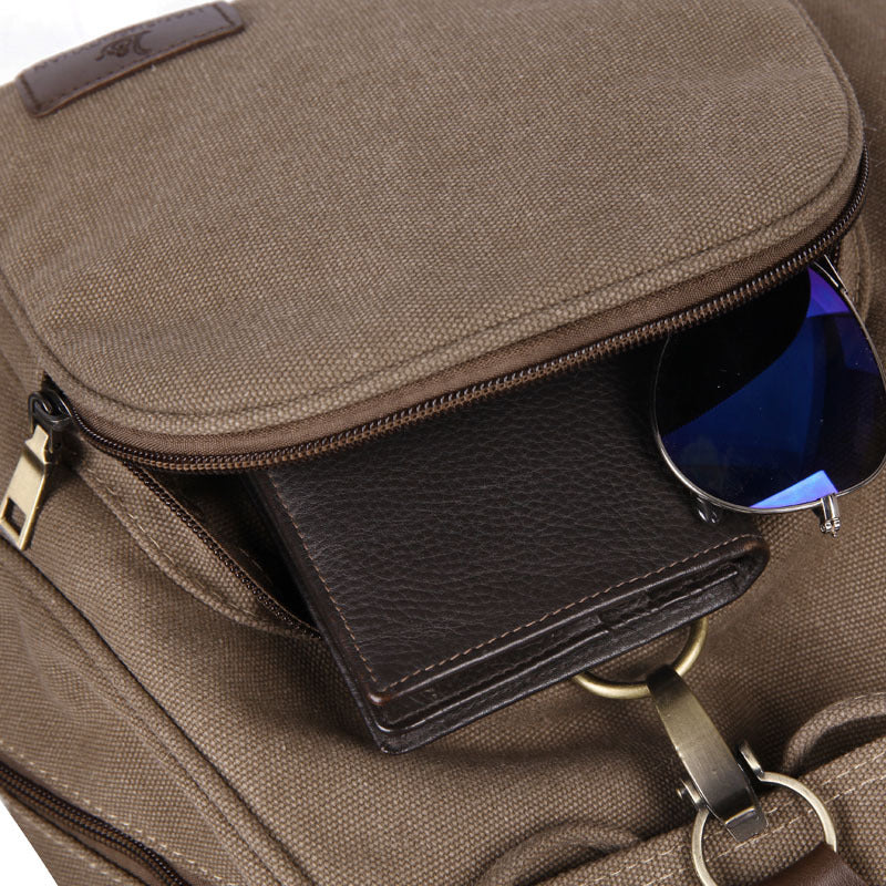 Close-up of a retro girls fashion backpack with a pocket holding sunglasses and a wallet
