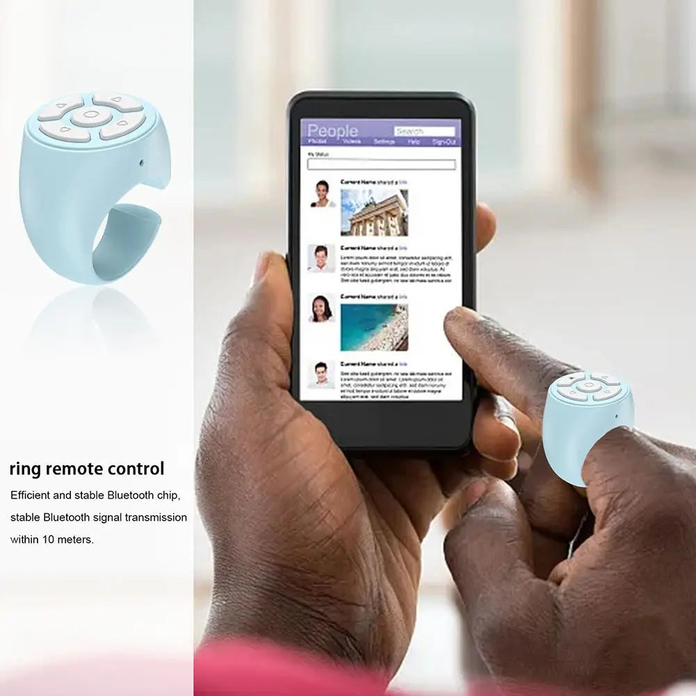 eprolo Bluetooth ring remote control in light blue worn on finger controlling smartphone screen
