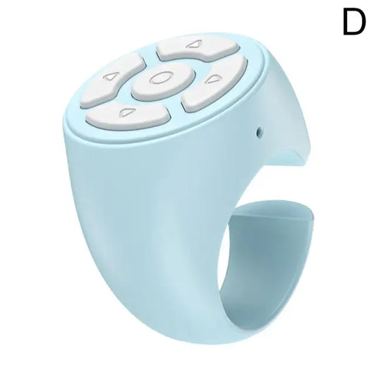 Light blue Bluetooth ring remote control with five white navigation buttons for camera and media