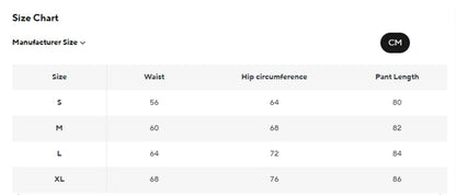 Size chart detailing waist, hip circumference, and pant length for seamless high waist gym leggings