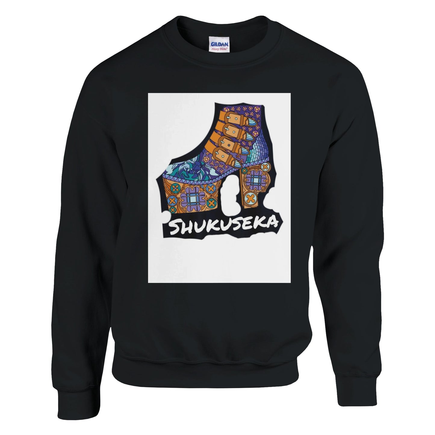Black classic heavy blend sweatshirt featuring the Shukujeka graphic design on the front