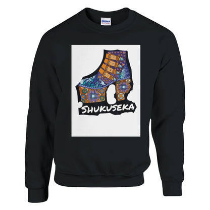 Black classic heavy blend sweatshirt featuring the Shukujeka graphic design on the front