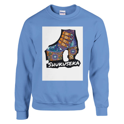 Classic heavy blend sweatshirt in blue featuring a vibrant Shukuseka graphic design
