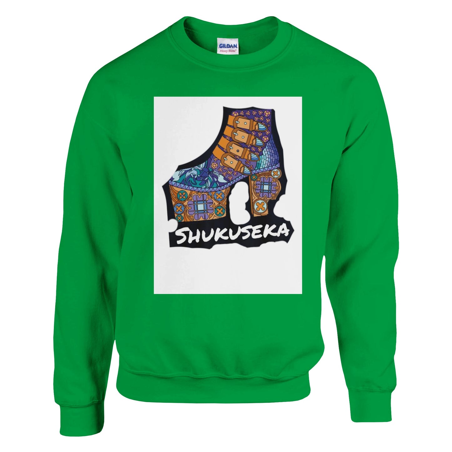 Green classic heavy blend sweatshirt featuring vibrant Shukusheka graphic design on the front