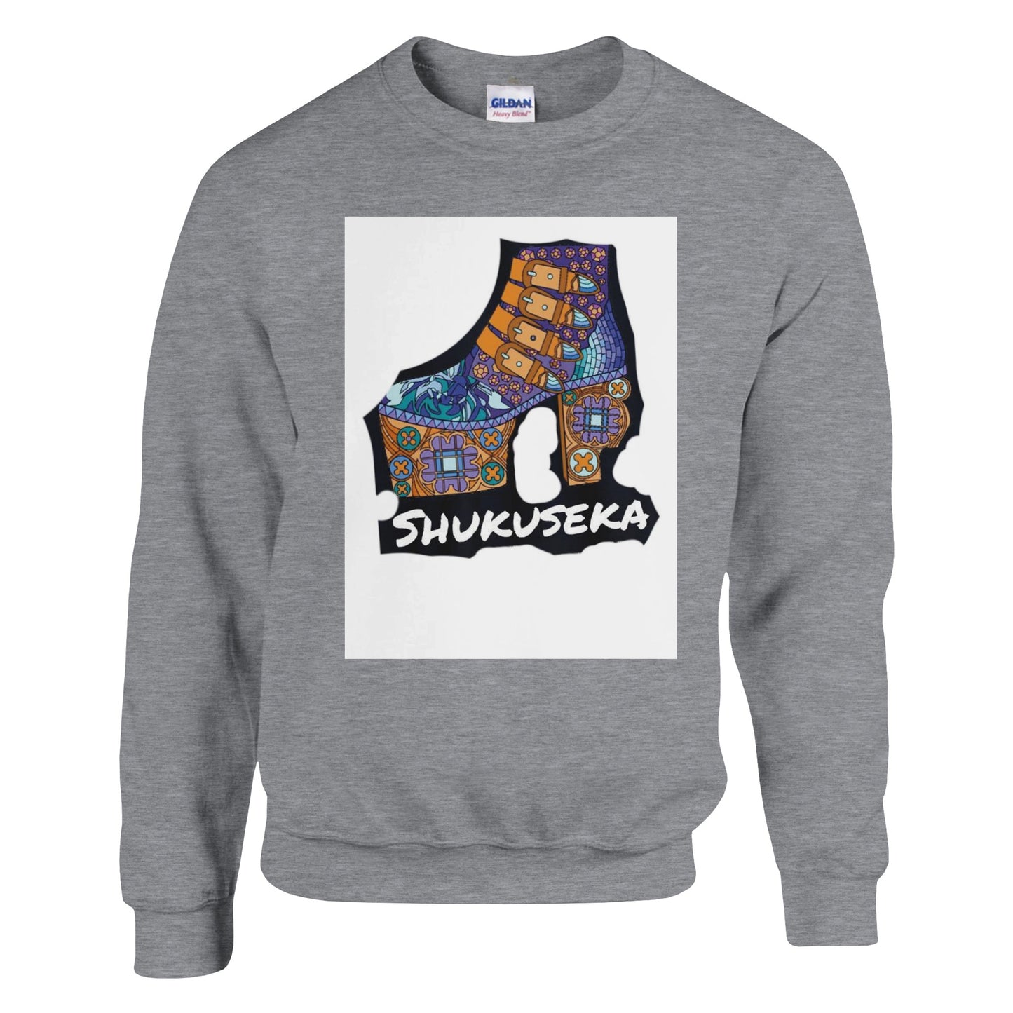 Classic heavy blend sweatshirt featuring vibrant Shukusheka design on a grey background