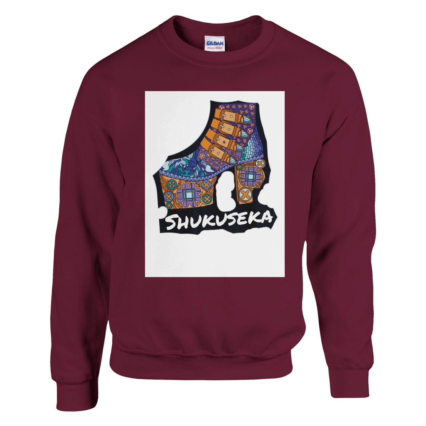 Maroon classic heavy blend sweatshirt featuring a stylish Shukuseka graphic design