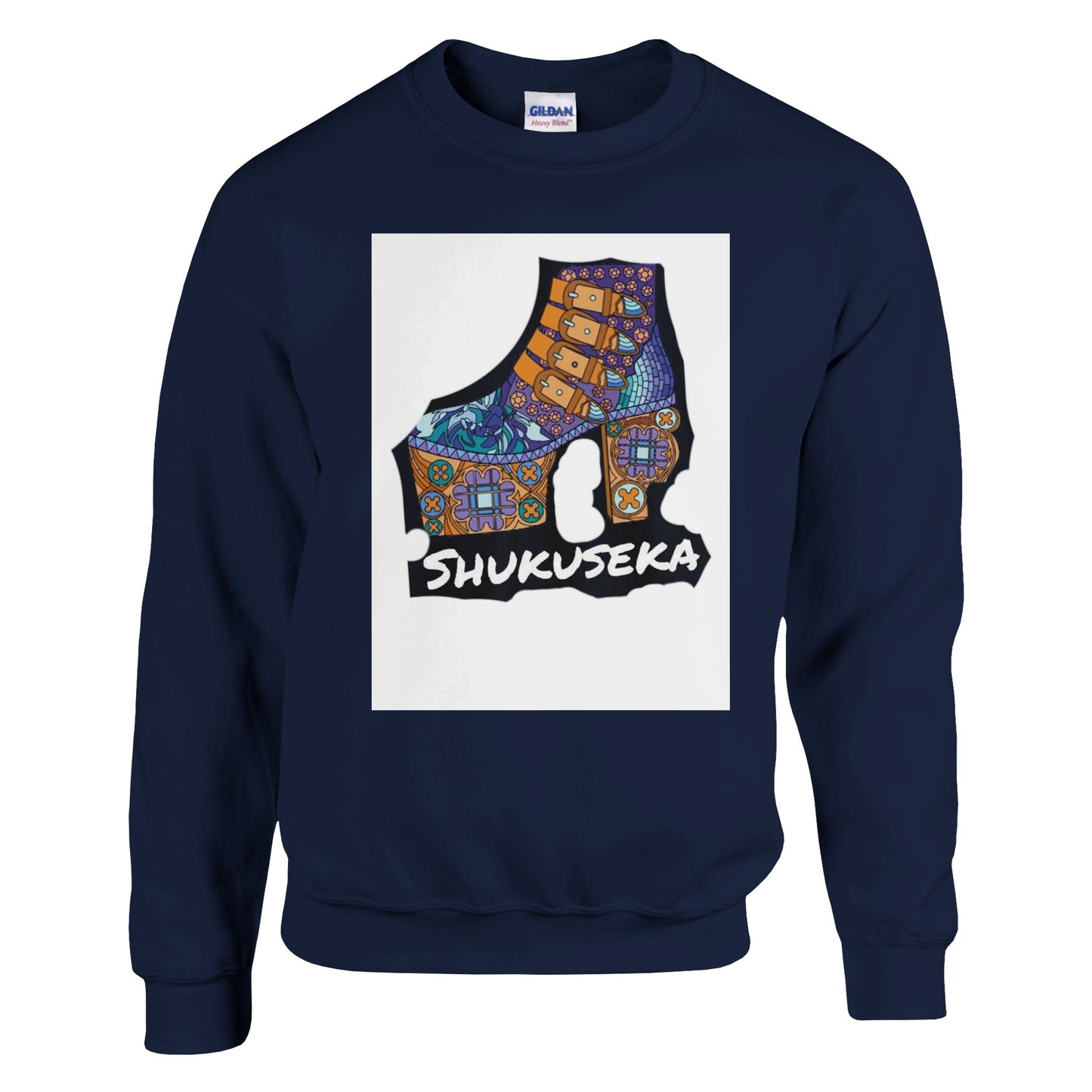 Navy classic heavy blend sweatshirt featuring vibrant Shukuseka graphic print