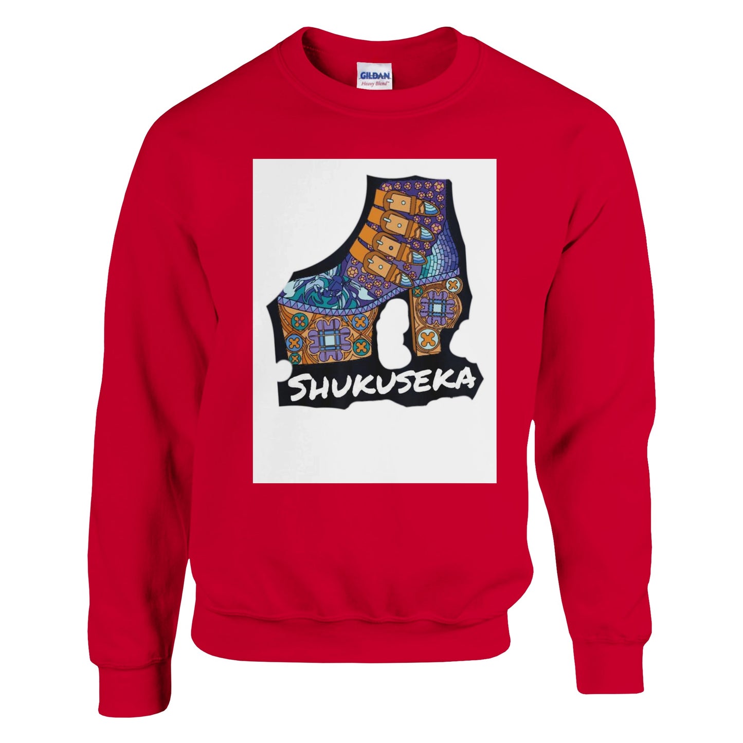 Red classic heavy blend sweatshirt featuring a vibrant graphic design with the word Shukujeka