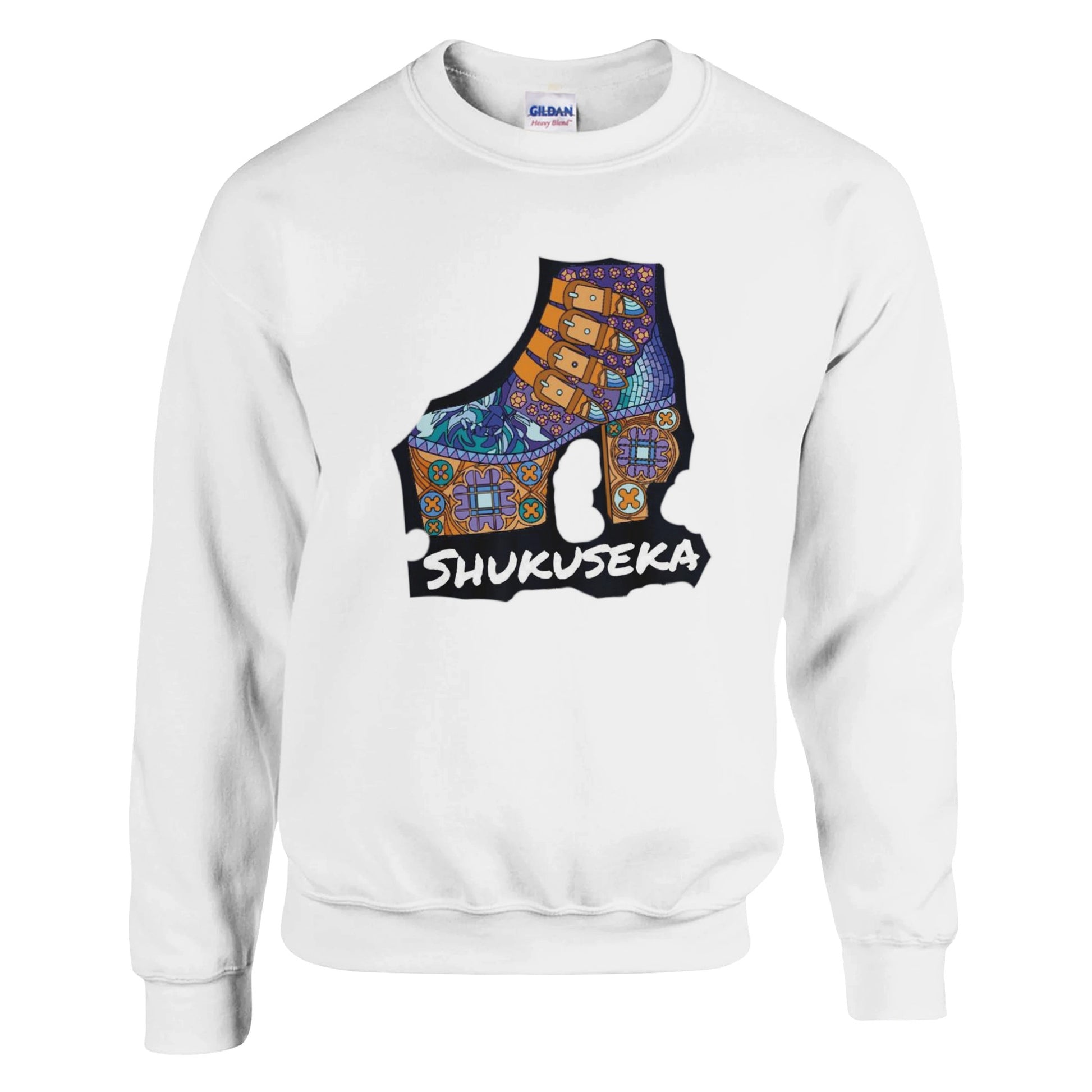 White classic heavy blend sweatshirt featuring a vibrant Shukusheka design