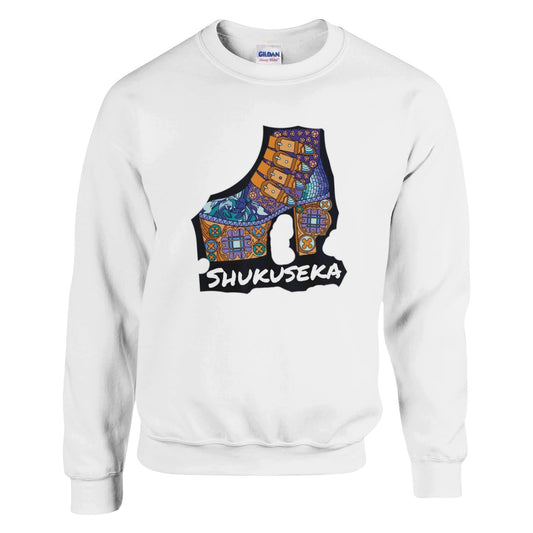 White classic heavy blend sweatshirt featuring a vibrant Shukusheka design