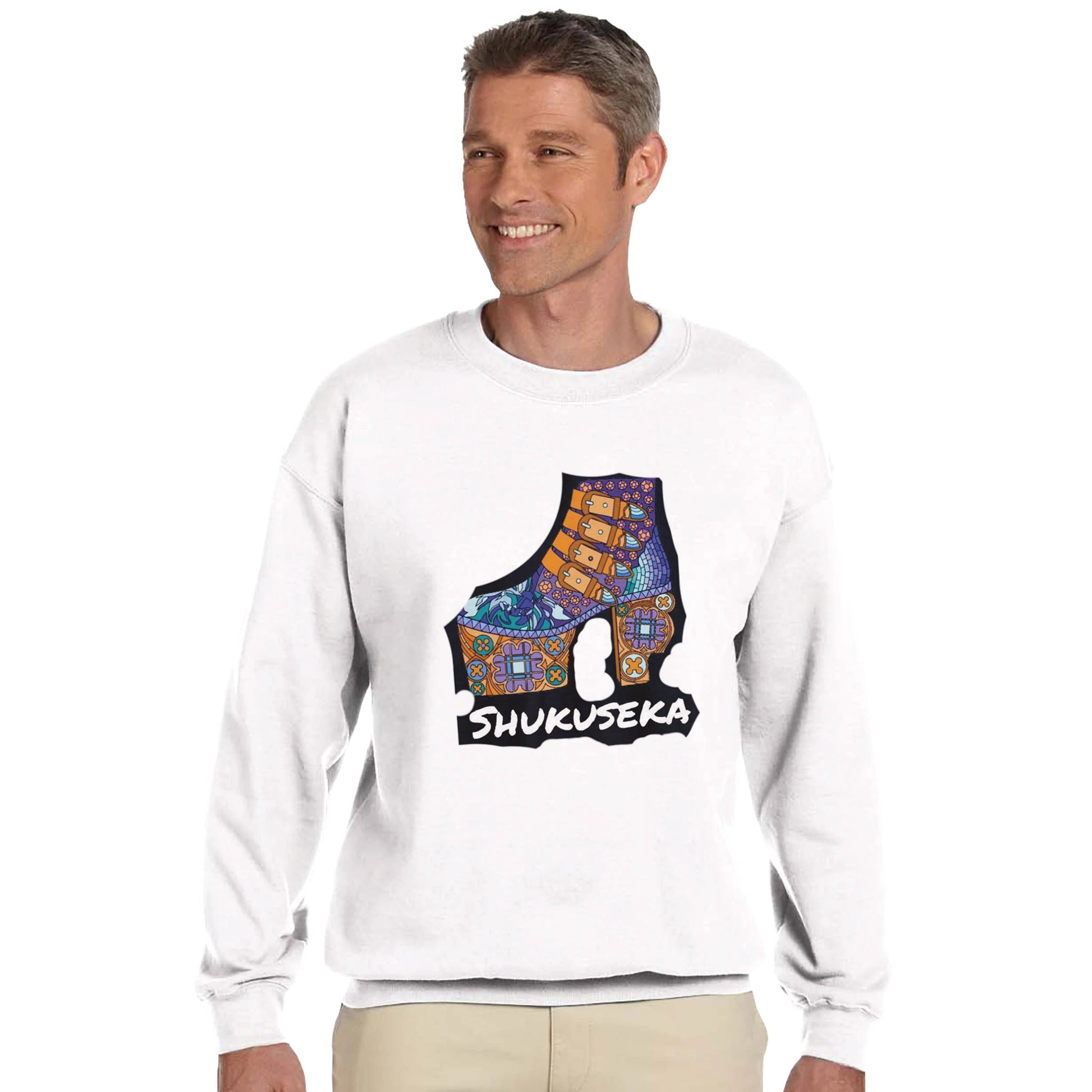 White classic heavy blend sweatshirt featuring a vibrant Shukuseka design for casual style