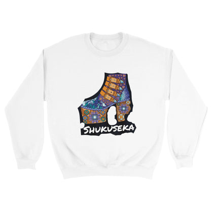 Classic heavy blend sweatshirt featuring colourful Shukuseka design on a white background