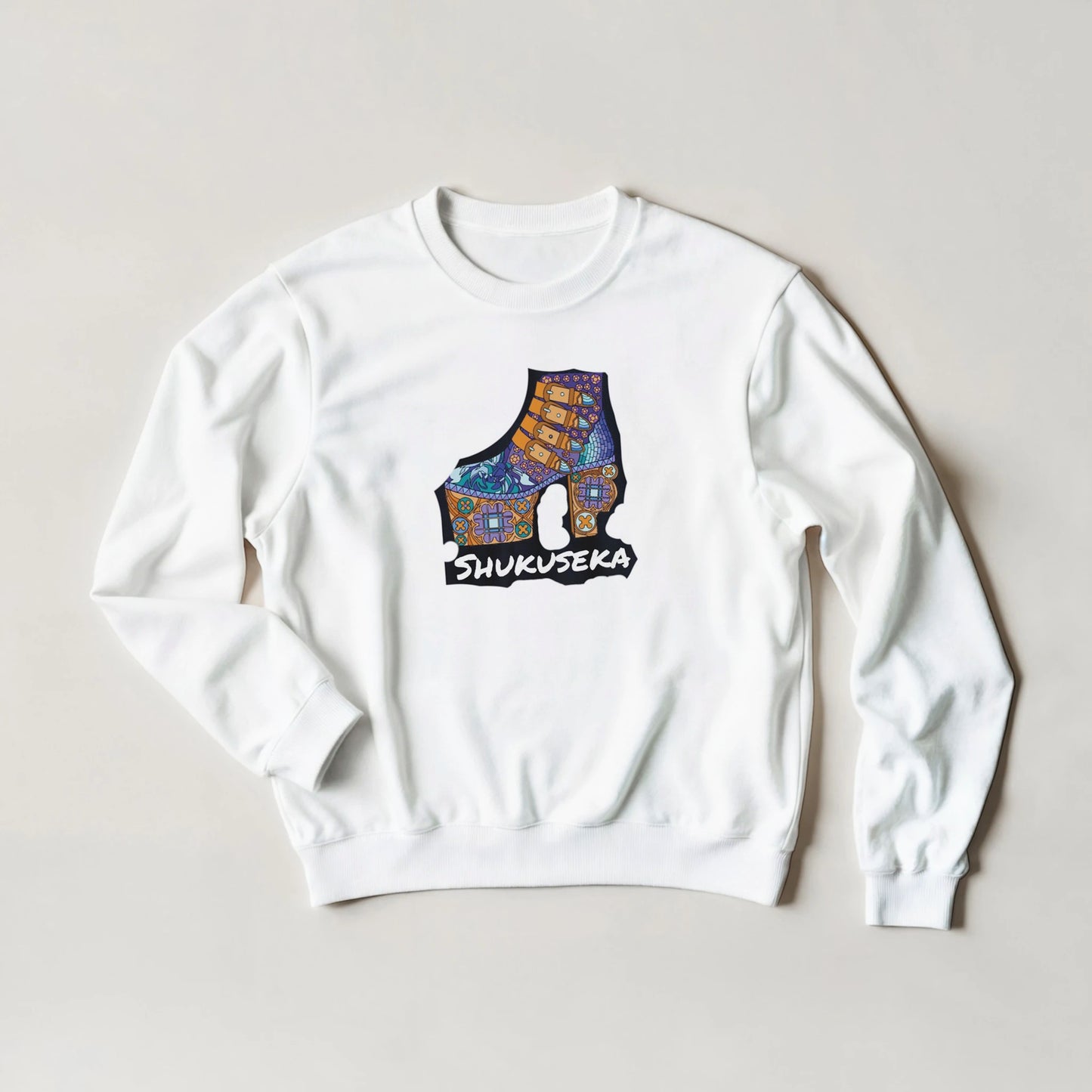 Classic heavy blend sweatshirt in white featuring a vibrant patterned shoe design by Luxurymania24