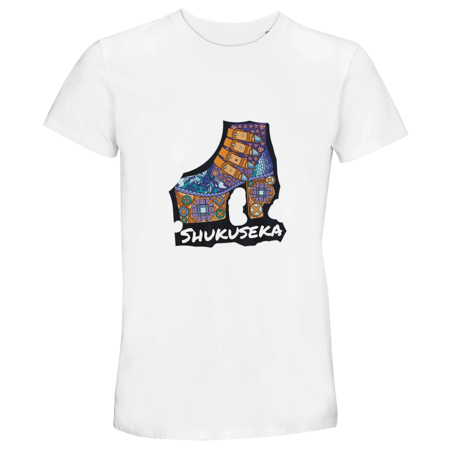 White recycled unisex crewneck T-shirt featuring vibrant Shukuseka shoe graphic design