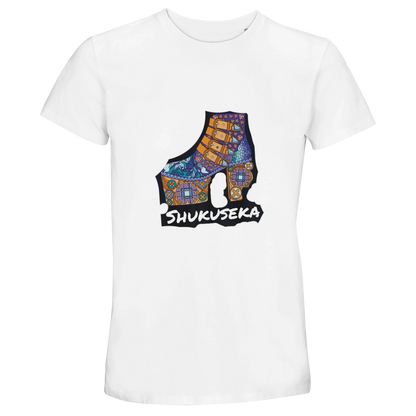 White recycled unisex crewneck T-shirt featuring vibrant Shukuseka shoe graphic design