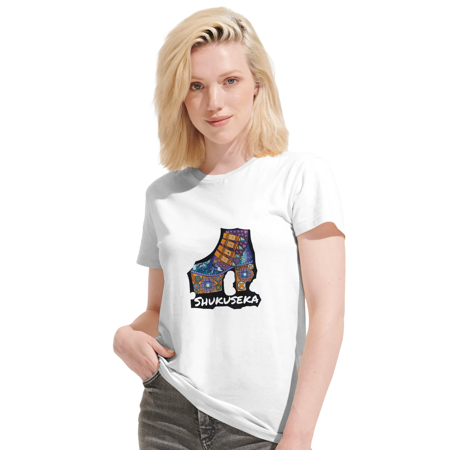 Model wearing a white recycled unisex crewneck T-shirt featuring a vibrant graphic design