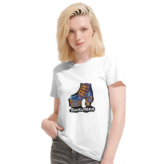 Model wearing a white recycled unisex crewneck T-shirt featuring a vibrant graphic design