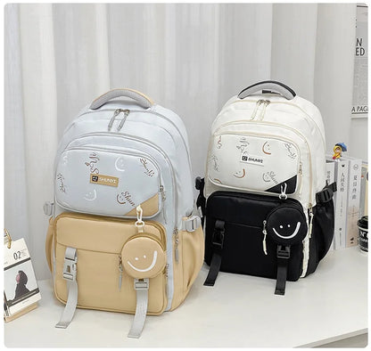 Two cute school backpacks in beige grey and white black with smiley pouch primary school backpack for girls