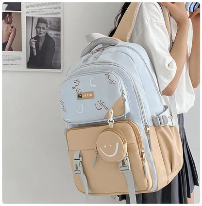 Light blue and beige ergonomic primary school backpack for girls with padded straps multiple pockets and smile pouch