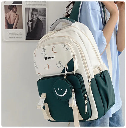 White and forest green school rucksack with smiley print and pouch, stylish primary school backpack for girls
