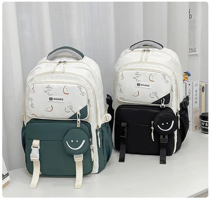 Luxurymania24 white patterned and green and black backpacks with front pocket and smiley pouch primary school backpack for girls