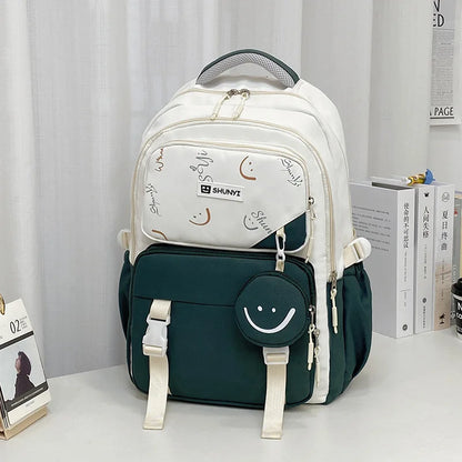 Luxurymania24 cream and dark green primary school backpack for girls with smiley coin pouch and multiple compartments