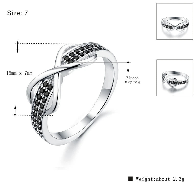 Luxurymania24 Silver Engagement Ring for Women with Black Zircon Accents and Infinity Design