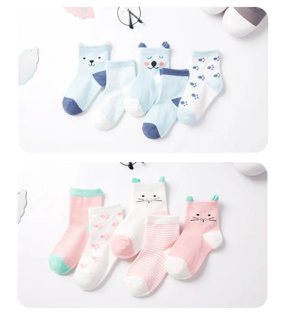Set of soft toddler socks for boys and girls featuring cute animal designs in blue and pink