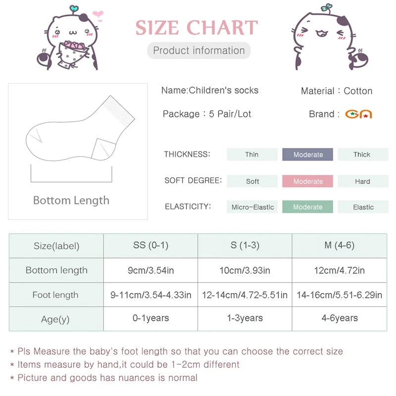 Size chart for soft toddler socks for boys and girls showing measurements and specifications