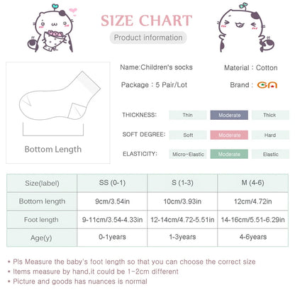 Size chart for soft toddler socks for boys and girls showing measurements and specifications