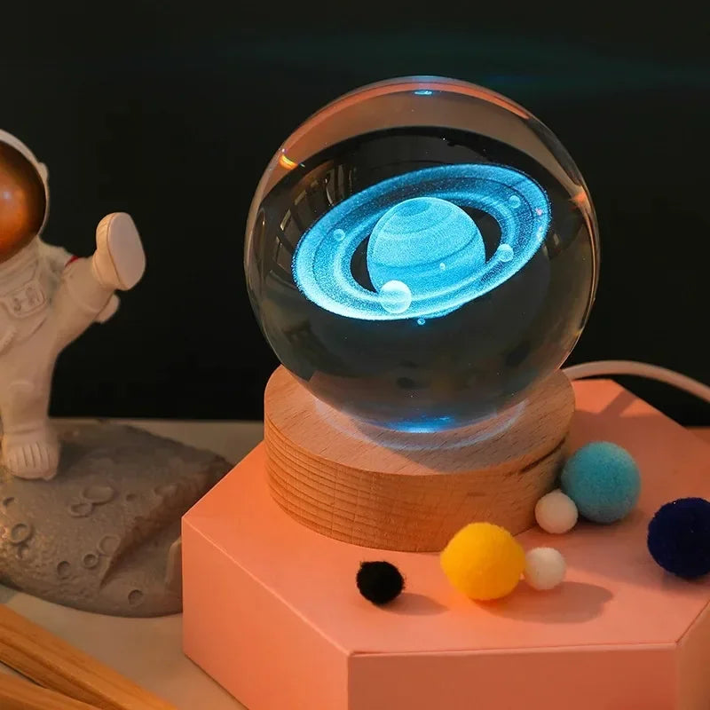 Crystal Solar System Crystal Ball Night lamp on wooden base