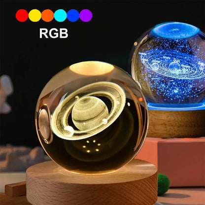 Glowing Solar System Crystal Ball Night lamp on wooden base