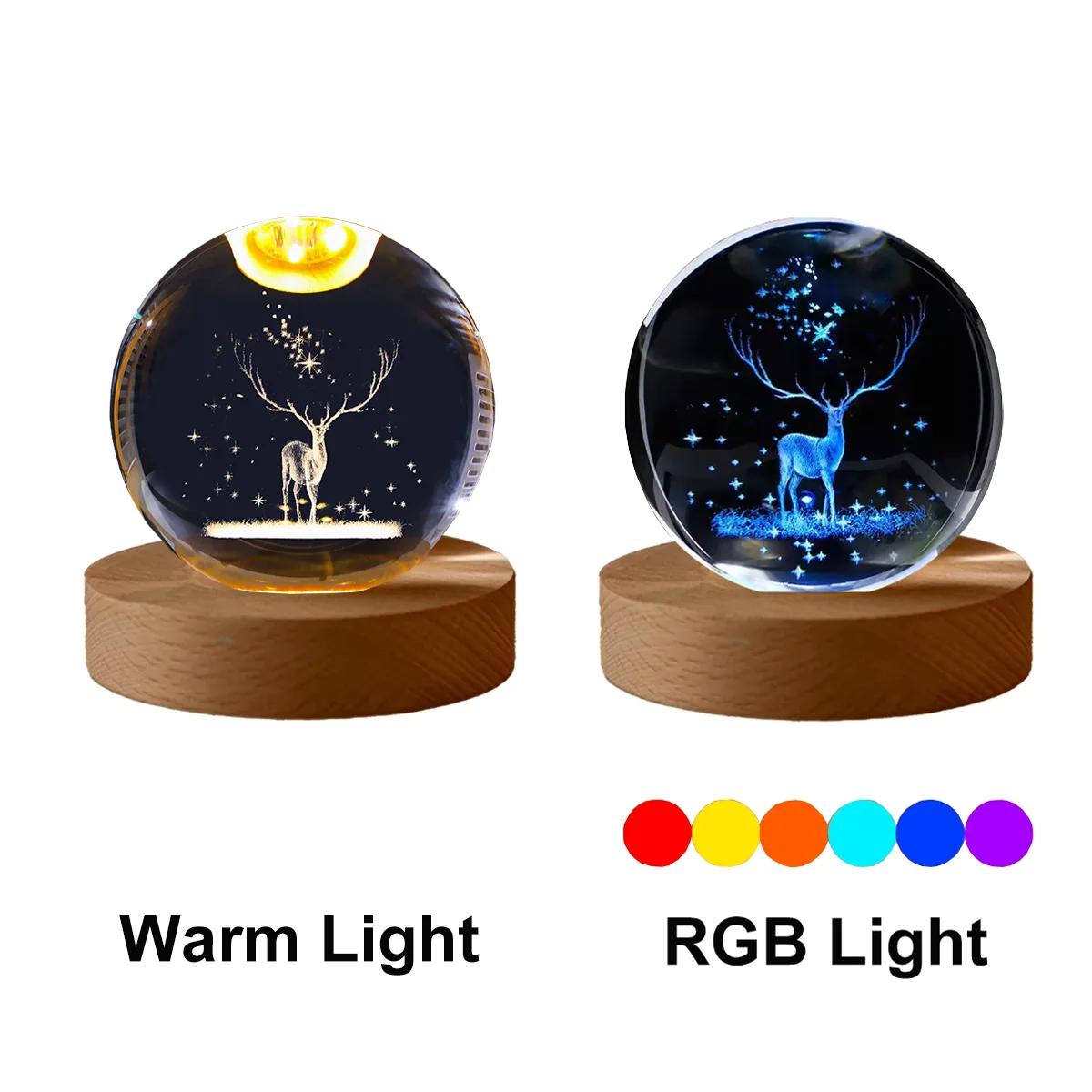 Crystal ball night lamp with deer design and warm or RGB light