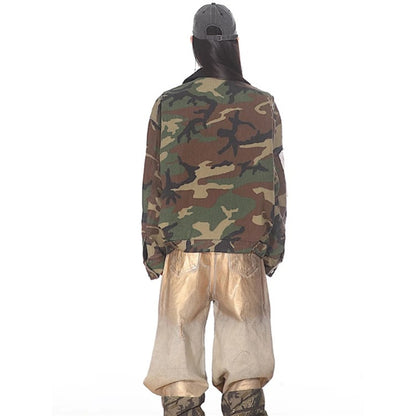 Rear view of model wearing Loose Fit Workwear Jacket For Women camo print oversized fit with workwear styling