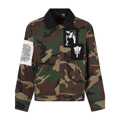 Loose Fit Workwear Jacket For Women camouflage zip jacket with black collar graphic chest patches and long sleeves