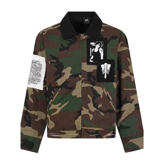 Loose Fit Workwear Jacket For Women camouflage zip jacket with black collar graphic chest patches and long sleeves