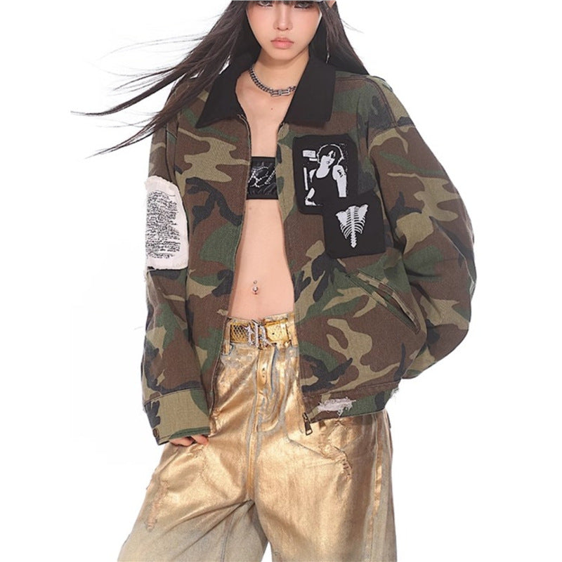 Loose Fit Workwear Jacket For Women camouflage oversized jacket with patches black collar styled with gold trousers